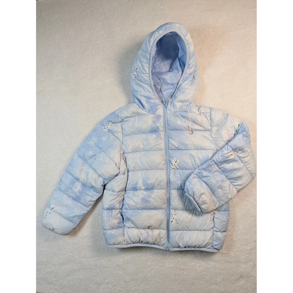 Disney Frozen Elsa Olaf Puffer Jacket Light Blue Hooded Kids Size 130/64 7-8